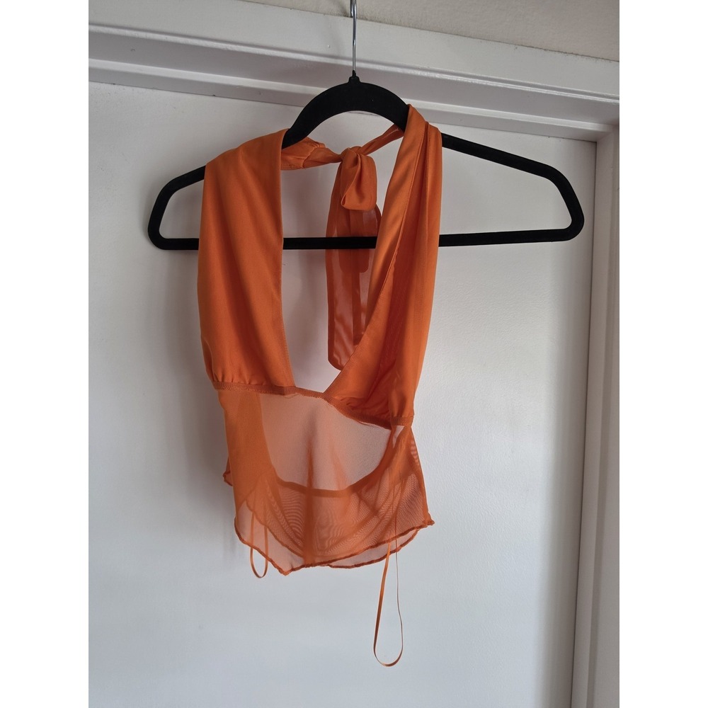 Pretty Garbage Women's Sleeveless Crop Halter Top Size S Orange Blouse Sheer